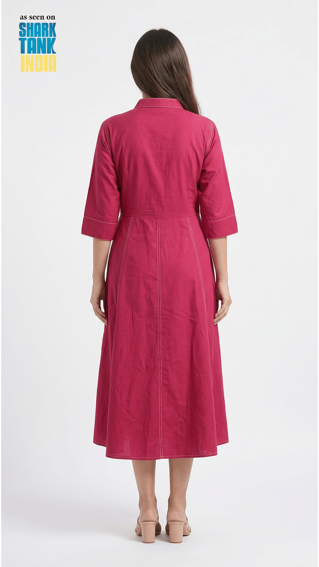 Woman wearing a pink dress on a white background with 'Shark Tank' branding.
