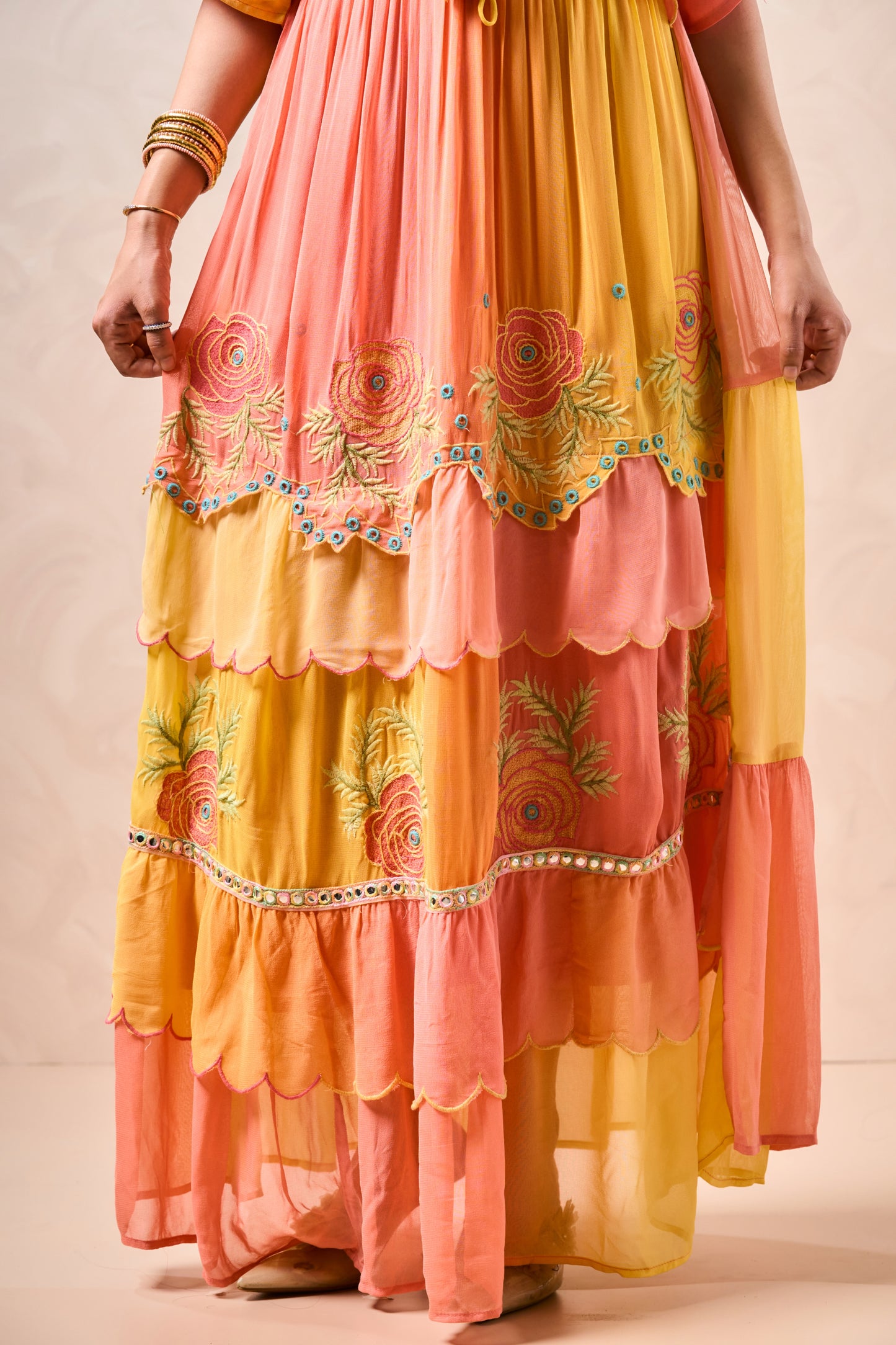 Emulsion H Maxi Dress Embroidery Detail – Floral Threadwork, Mirror Embellishments, and Tassel Tie Neckline