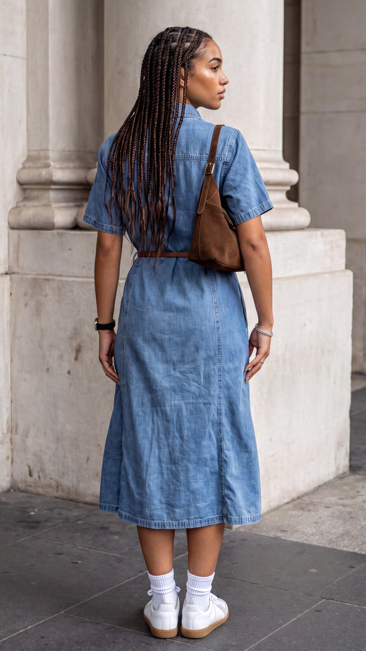 Woman wearing a blue denim dress with a brown backpack standing against a stone building.