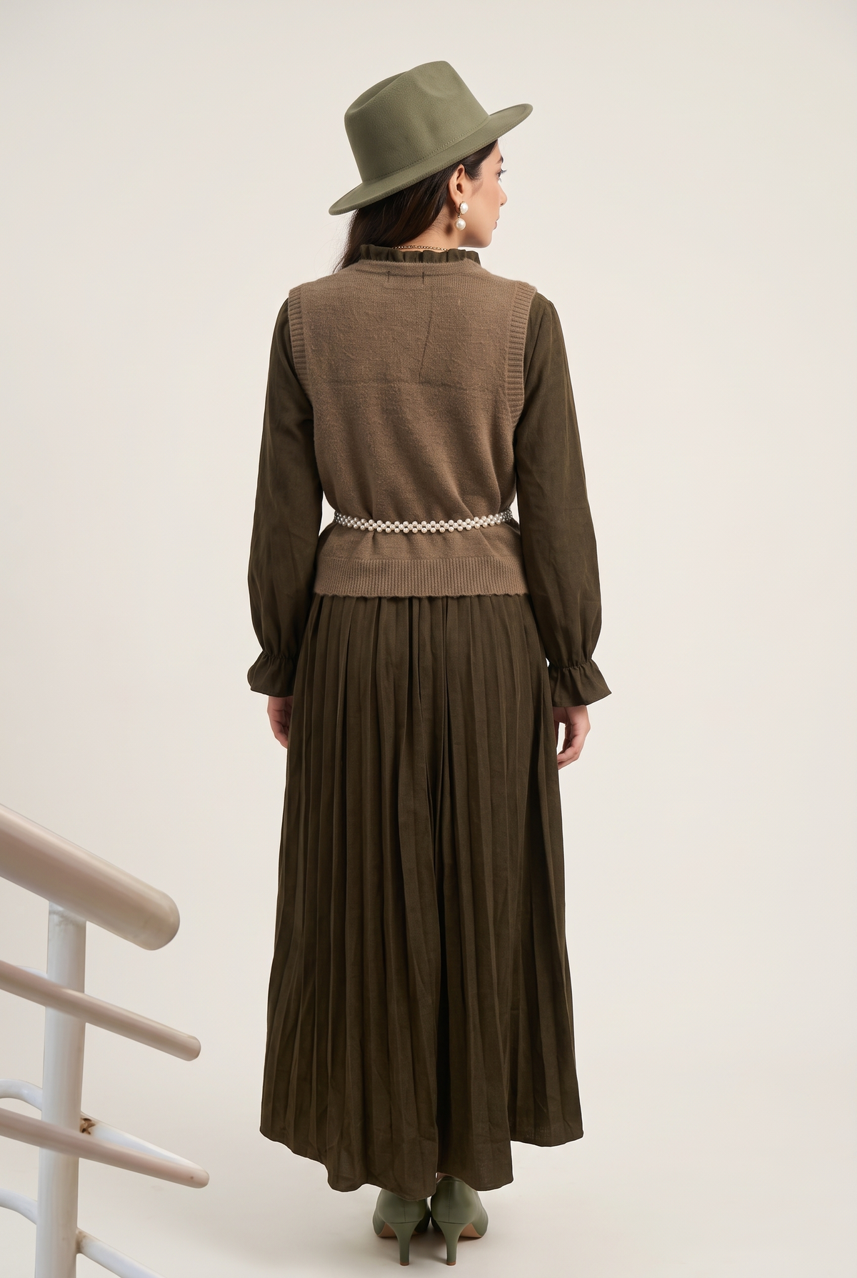 Tbfo Library Date – Olive Green Pleated Maxi Dress with Knit Vest