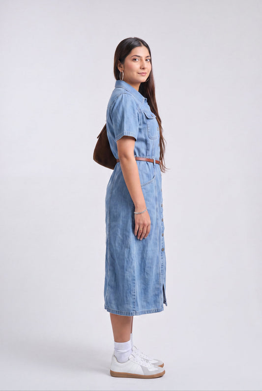 A woman modeling a light blue denim midi shirt dress with short sleeves, a button-down front, and a thin brown belt, standing against a light gray studio background.