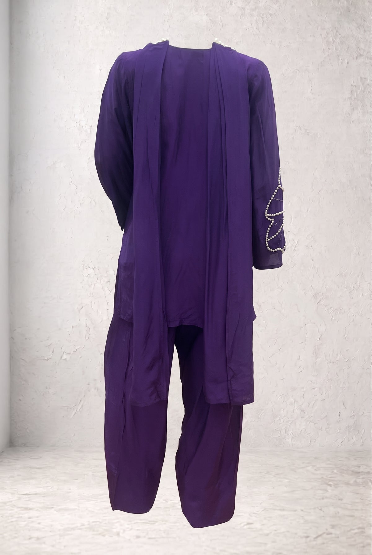 Tbfo Purple Pearl Women Set – Pearl Embellished 3-Piece Kurta Pant Dupatta Set