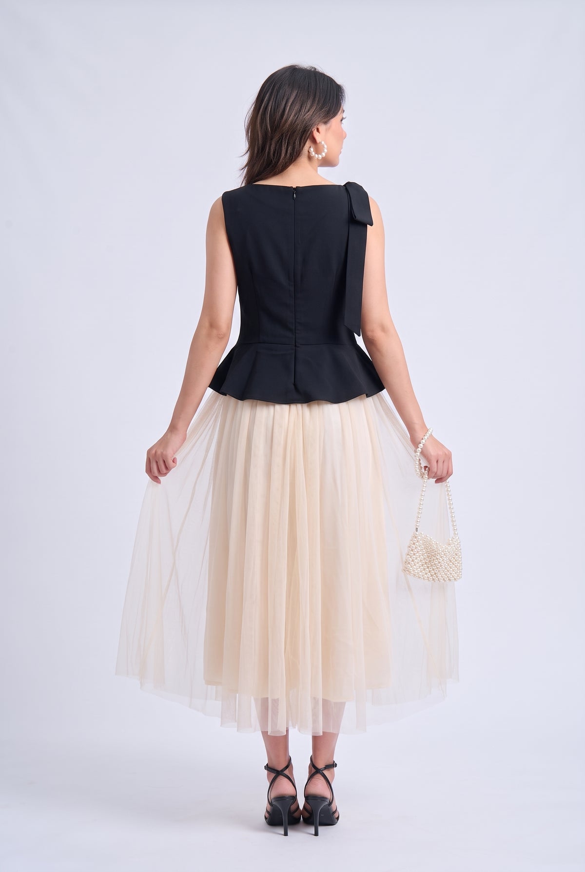 Tbfo balroom Black Floral Top & Beige Tulle Skirt Set