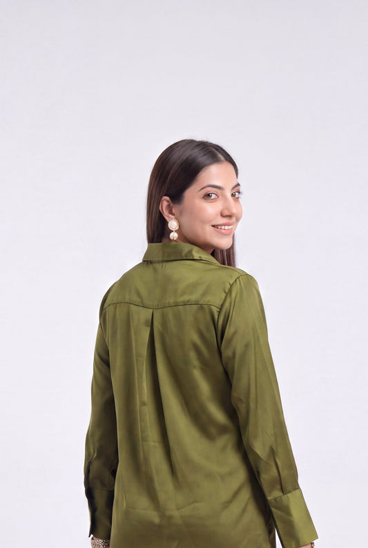 Tbfo olive-green satin button-down shirt