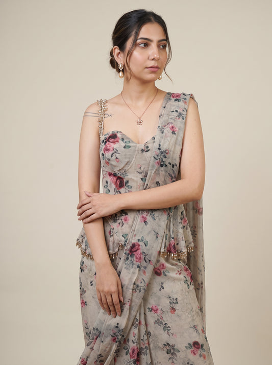 Tbfo Roses Pre-Draped Saree Set