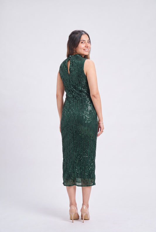 Tbfo Covered Neck Sequin Green Dress