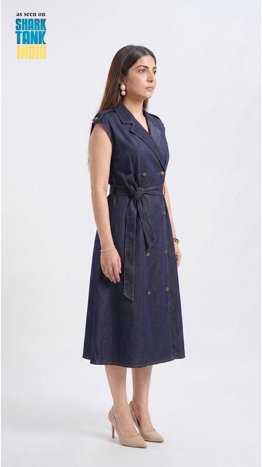 Woman wearing a navy blue dress with gold buttons on a white background