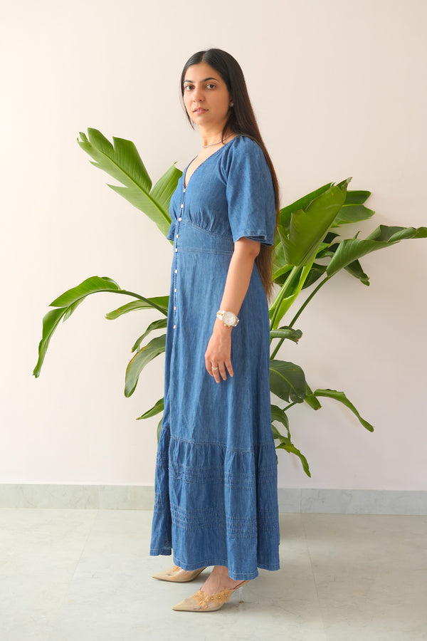 Woman wearing a blue dress standing in front of a plant against a white wall