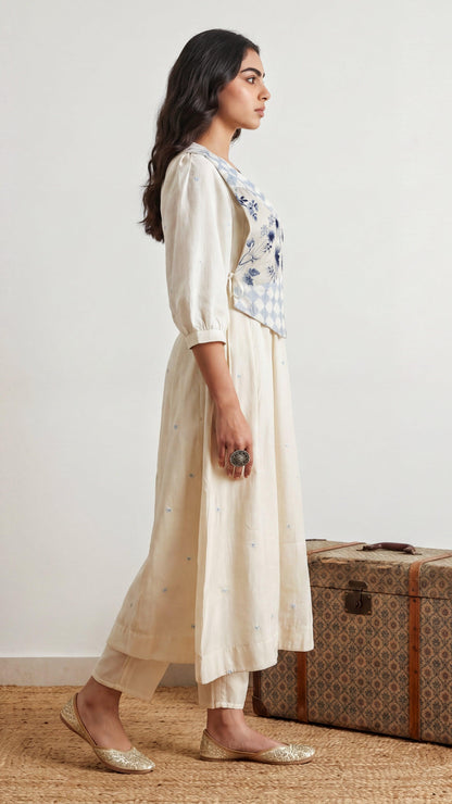 Woman in a floral top and beige dress standing next to a patterned suitcase on a wooden floor.