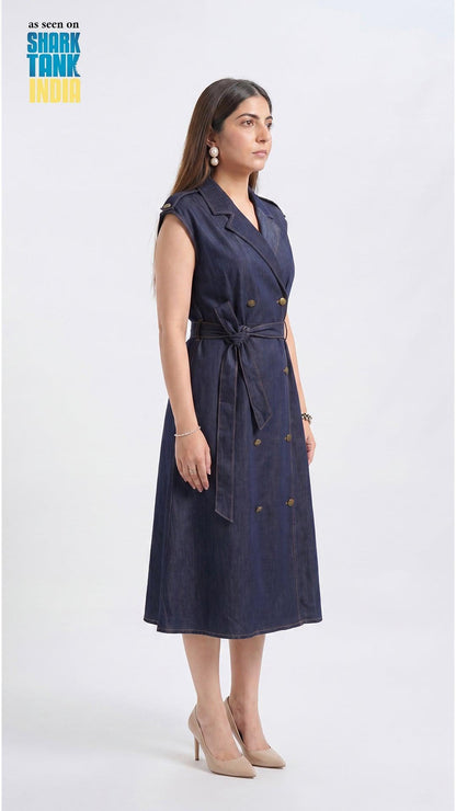 Woman wearing a navy blue dress with gold buttons on a white background