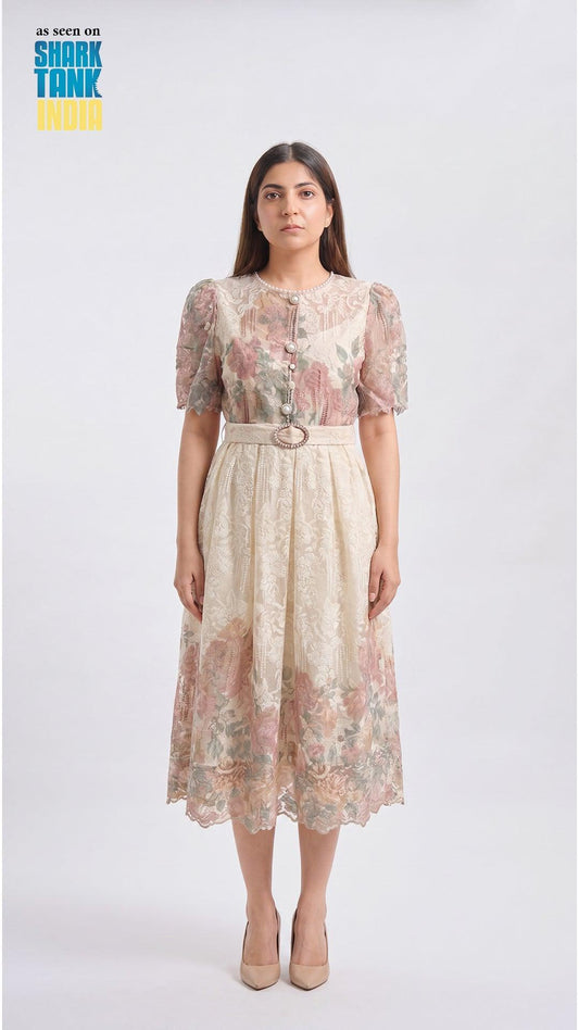 Woman wearing a floral dress with a plain background