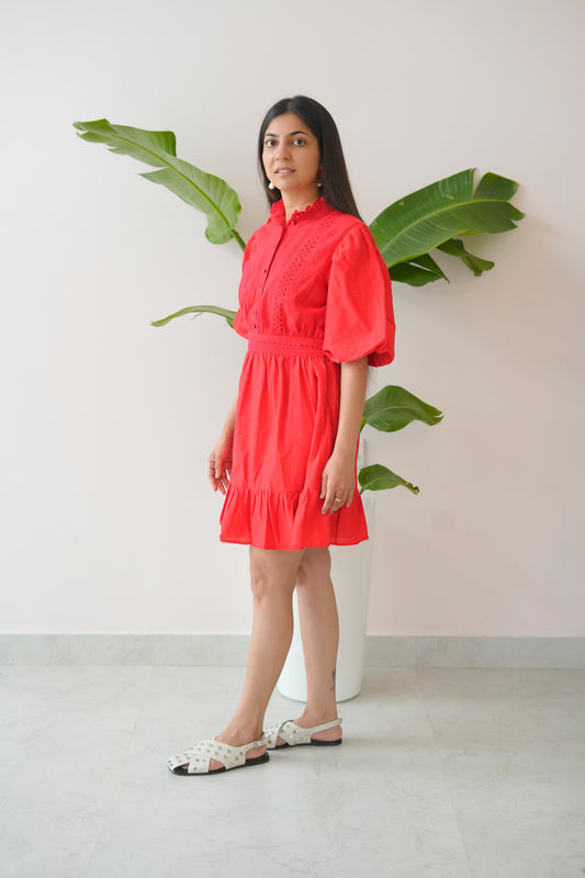Woman in a red dress standing next to a plant against a white wall