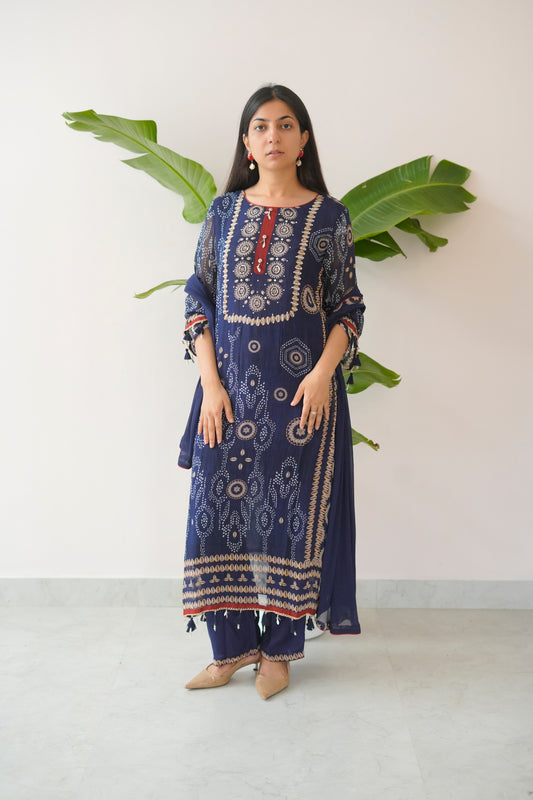 Woman wearing a blue embroidered traditional outfit with a white background and green leaves.