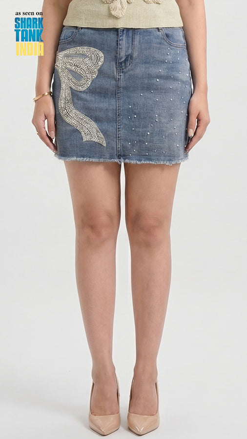 Tbfo Crystal Bow Denim Skirt