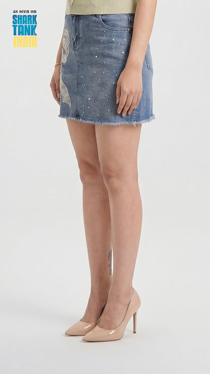 Tbfo Crystal Bow Denim Skirt