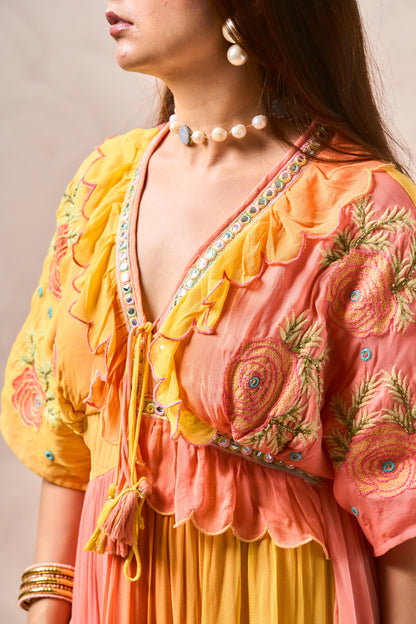 Emulsion H Maxi Dress Embroidery Detail – Floral Threadwork, Mirror Embellishments, and Tassel Tie Neckline