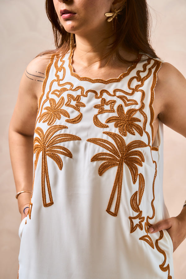Florida Embroidered Sleeveless Dress – Ivory & Gold | Resort Wear for Women