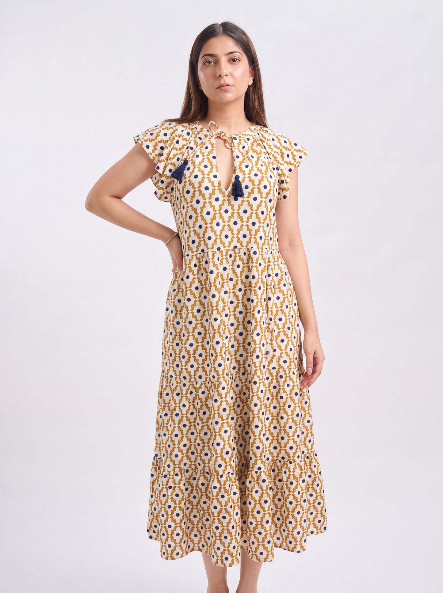 Tbfo Printed V Neck Dori Cotton Dress