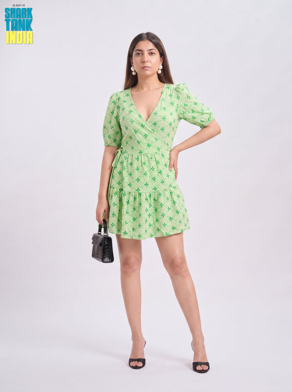 Tbfo Green Cotton Wrap Short Dress