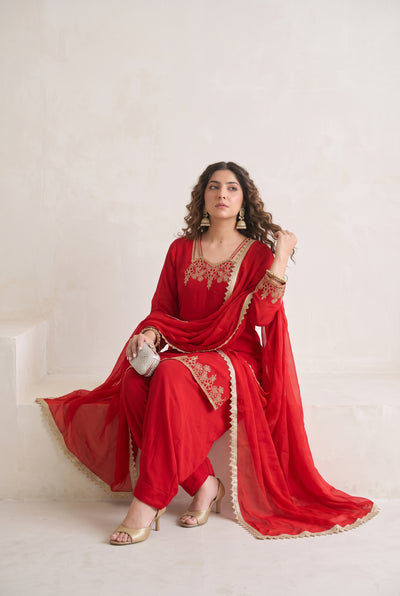 Tbfo Embroidered Red Embroidered – Golden Embroidered 3-Piece Kurta Set