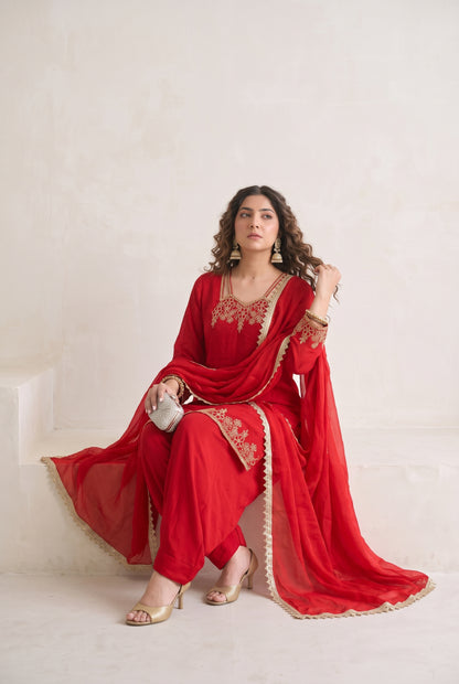Tbfo Embroidered Red Embroidered – Golden Embroidered 3-Piece Kurta Set