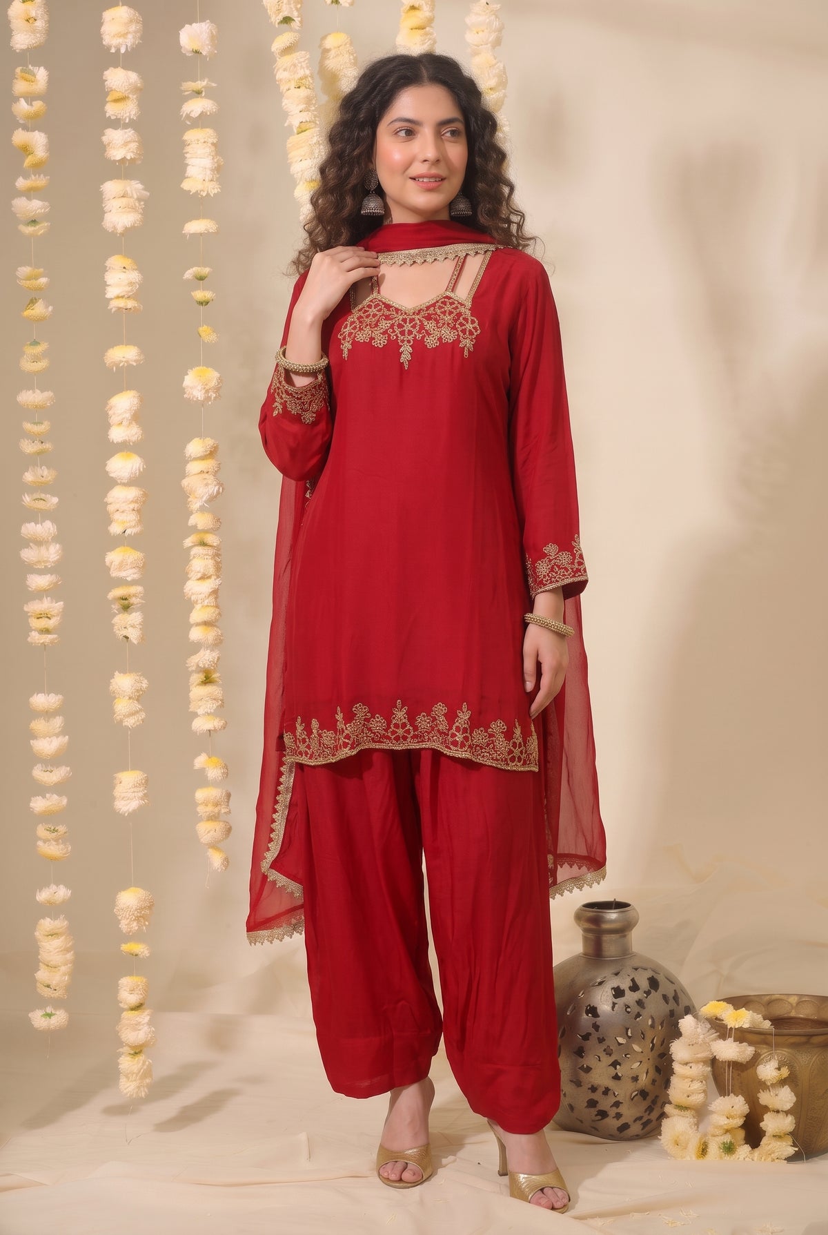 Tbfo Embroidered Red Embroidered – Golden Embroidered 3-Piece Kurta Set