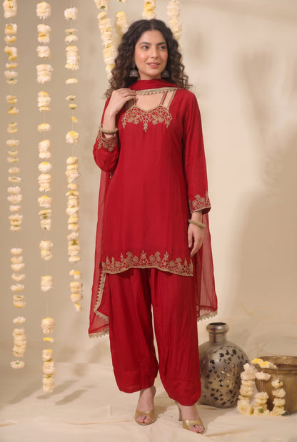 Tbfo Embroidered Red Embroidered – Golden Embroidered 3-Piece Kurta Set