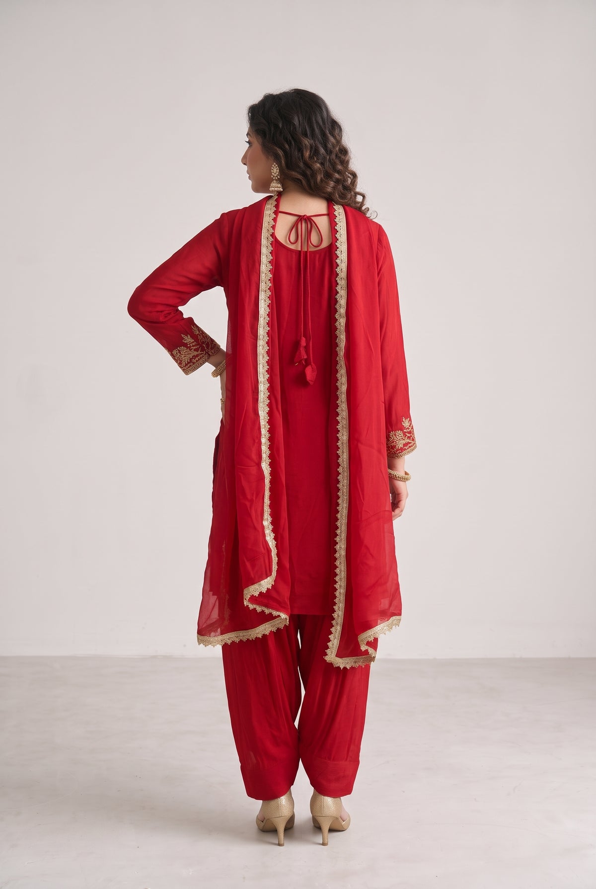 Tbfo Embroidered Red Embroidered – Golden Embroidered 3-Piece Kurta Set