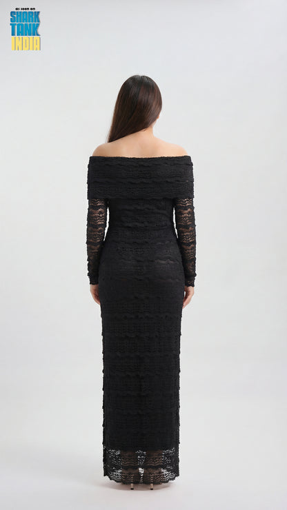 Black off-shoulder lace dress on a white background