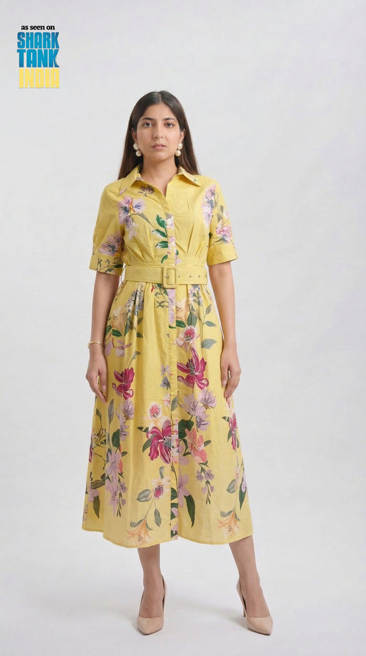 Woman wearing a yellow floral dress on a white background