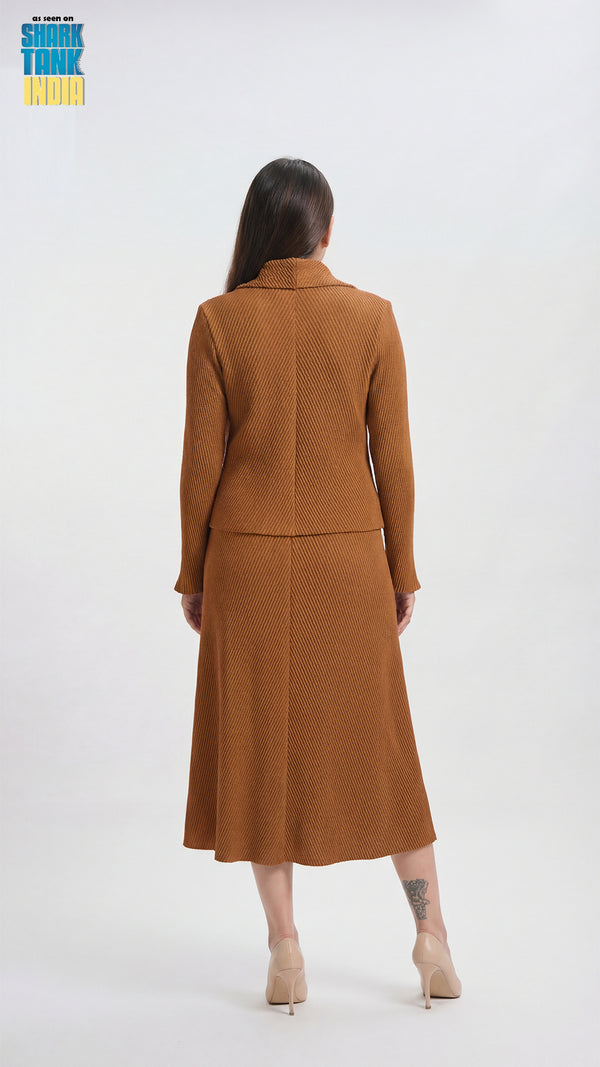 Woman wearing a brown suit on a white background