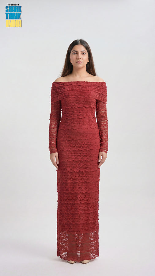 Woman wearing a red off-shoulder dress on a white background