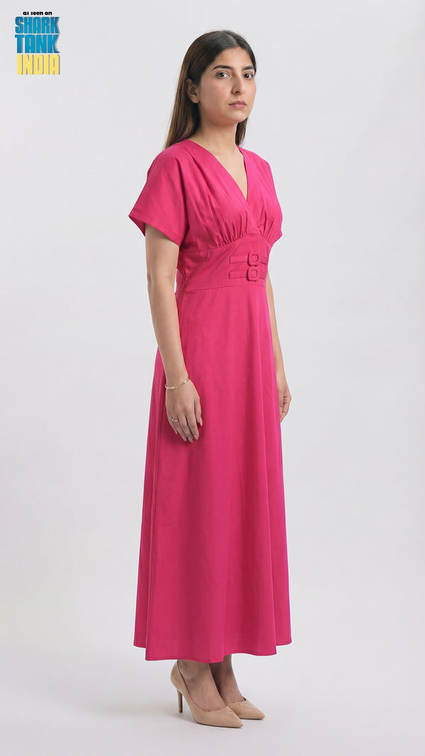 Woman wearing a pink dress on a white background