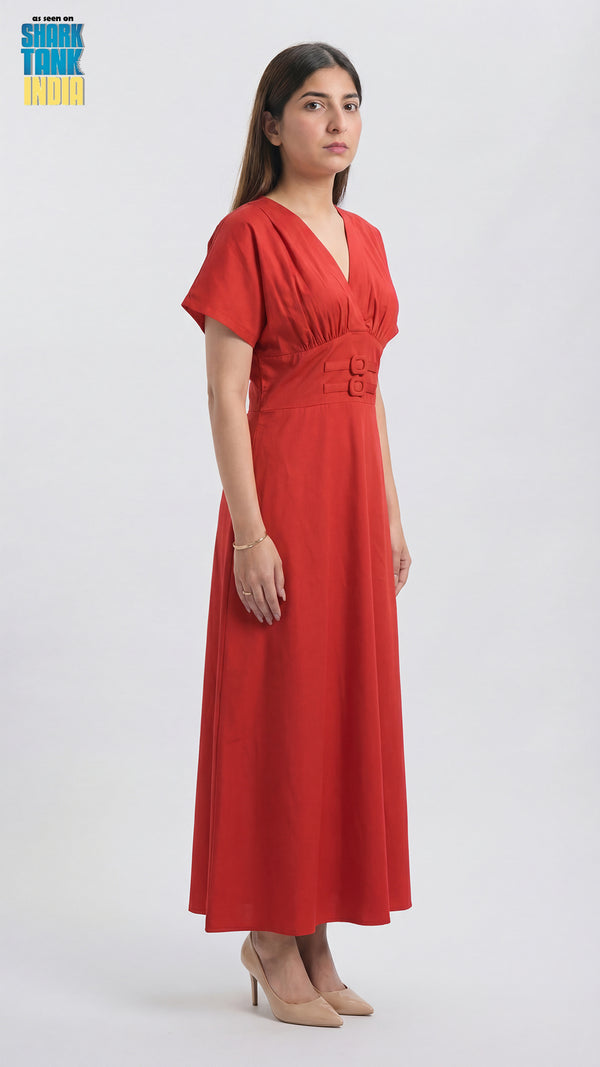 Woman wearing a red dress on a white background