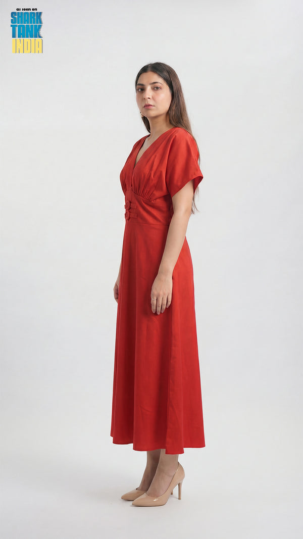 Woman wearing a red dress on a white background