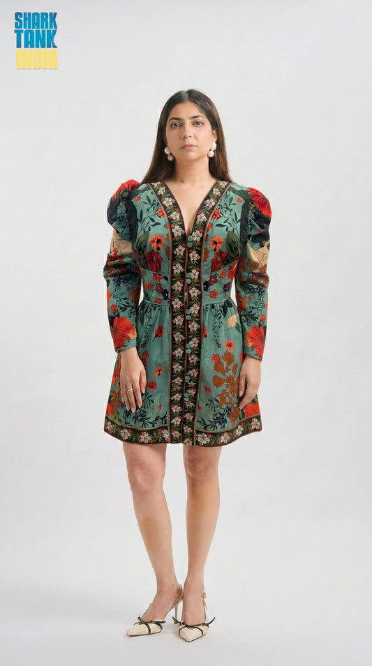 Woman wearing a colorful floral dress on a white background