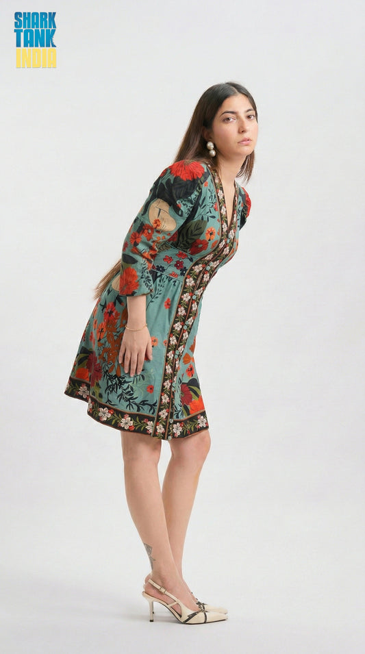 Woman wearing a floral dress with a white background