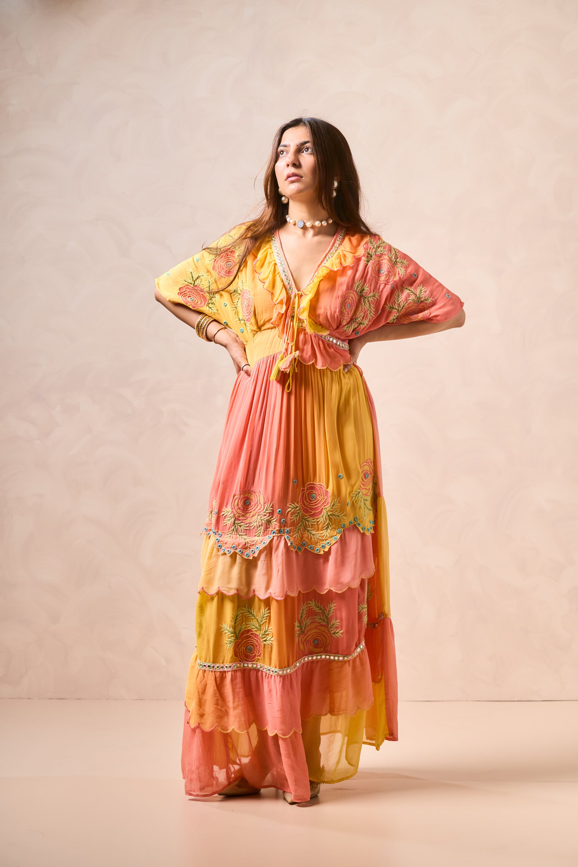 Emulsion H Yellow and Peach Embroidered Maxi Dress – Scalloped Neckline, Mirror Work, and Tiered Flowy Silhouette
