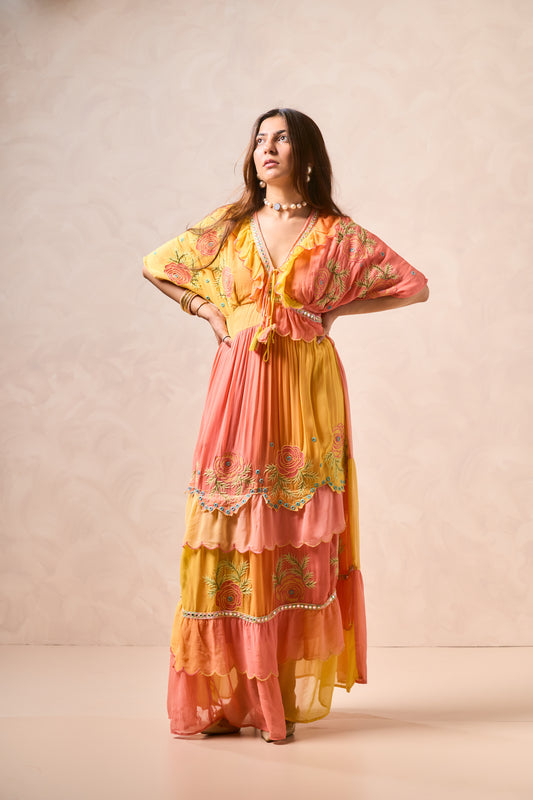 Emulsion H Yellow and Peach Embroidered Maxi Dress – Scalloped Neckline, Mirror Work, and Tiered Flowy Silhouette