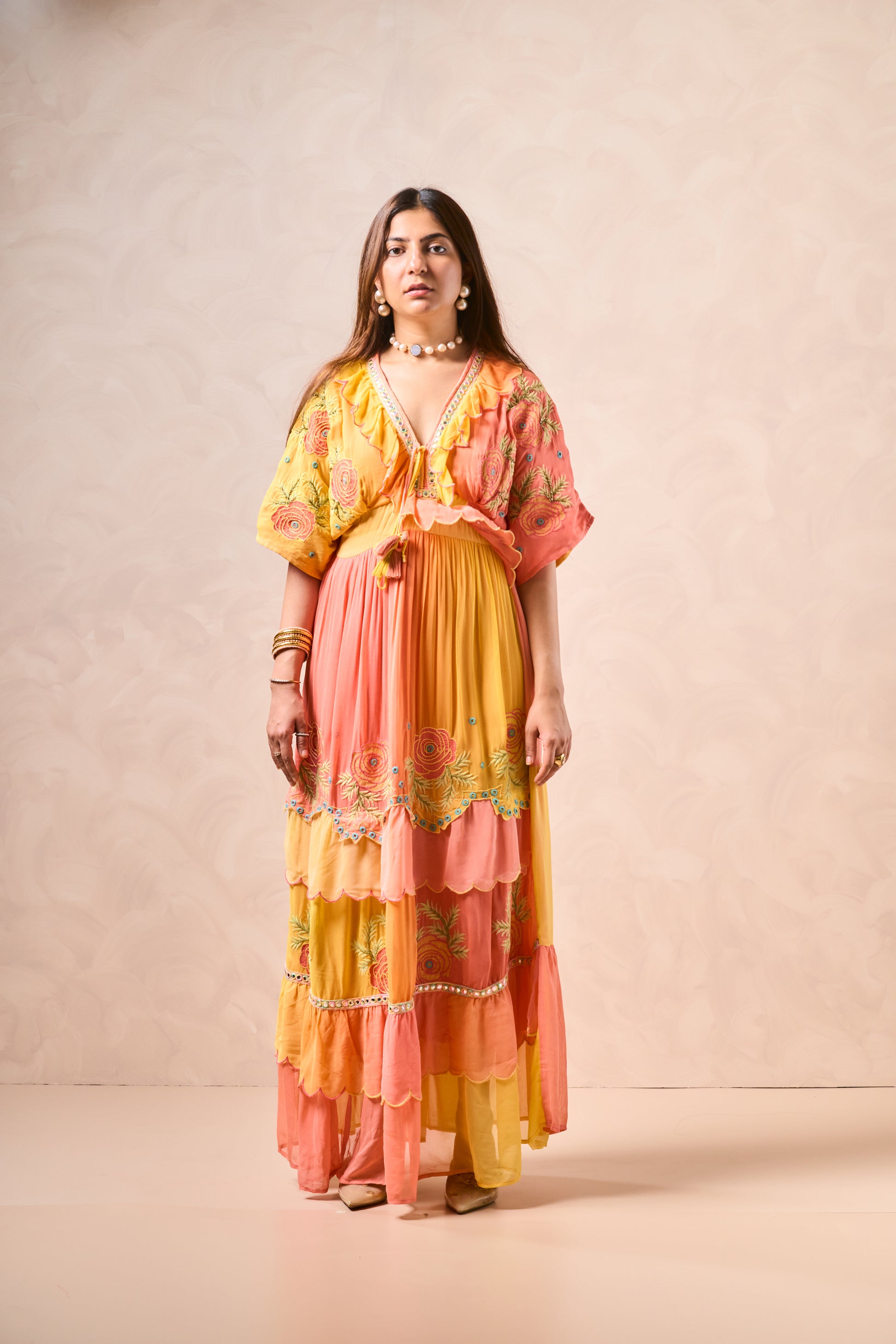 Emulsion H Yellow and Peach Embroidered Maxi Dress – Scalloped Neckline, Mirror Work, and Tiered Flowy Silhouette