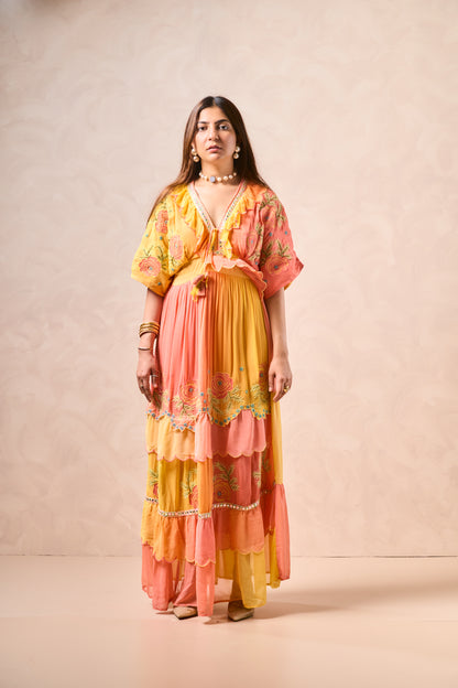 Emulsion H Yellow and Peach Embroidered Maxi Dress – Scalloped Neckline, Mirror Work, and Tiered Flowy Silhouette