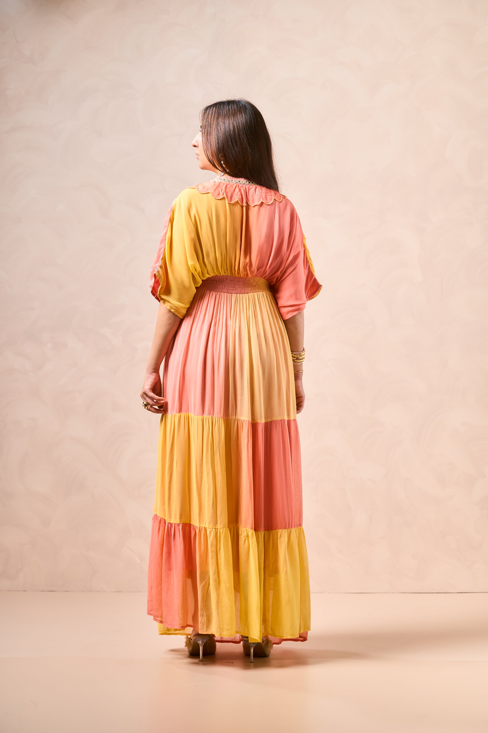 Emulsion H Dual-Tone Yellow Peach Tiered Maxi Dress – Elastic Back Waist and Full-Length Flowy Fit