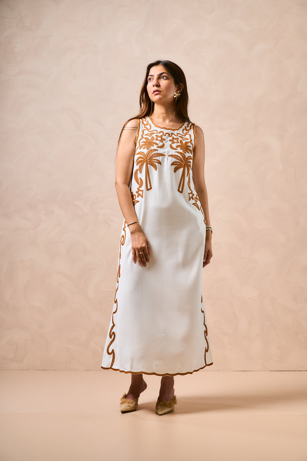 Florida Embroidered Sleeveless Dress – Ivory & Gold | Resort Wear for Women