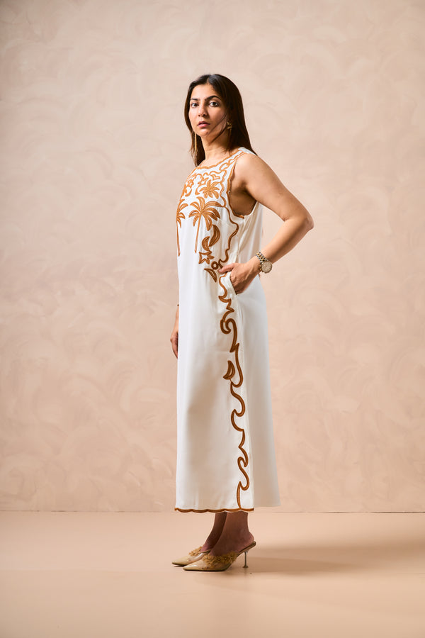 Florida Embroidered Sleeveless Dress – Ivory & Gold | Resort Wear for Women