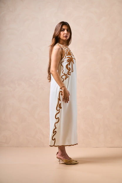 Florida Embroidered Sleeveless Dress – Ivory & Gold | Resort Wear for Women