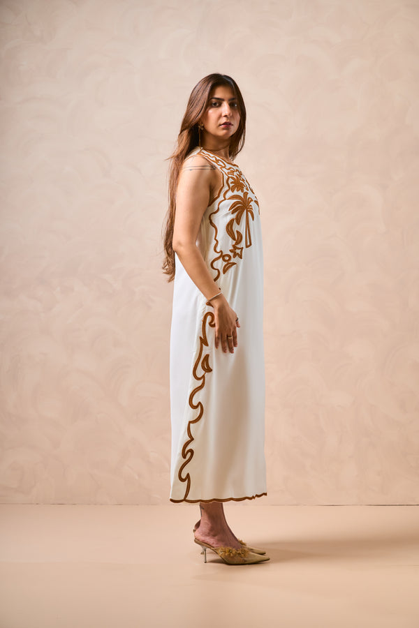 Florida Embroidered Sleeveless Dress – Ivory & Gold | Resort Wear for Women