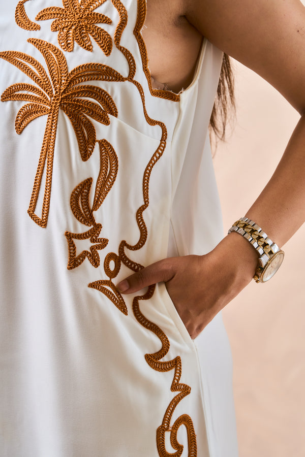 Florida Embroidered Sleeveless Dress – Ivory & Gold | Resort Wear for Women