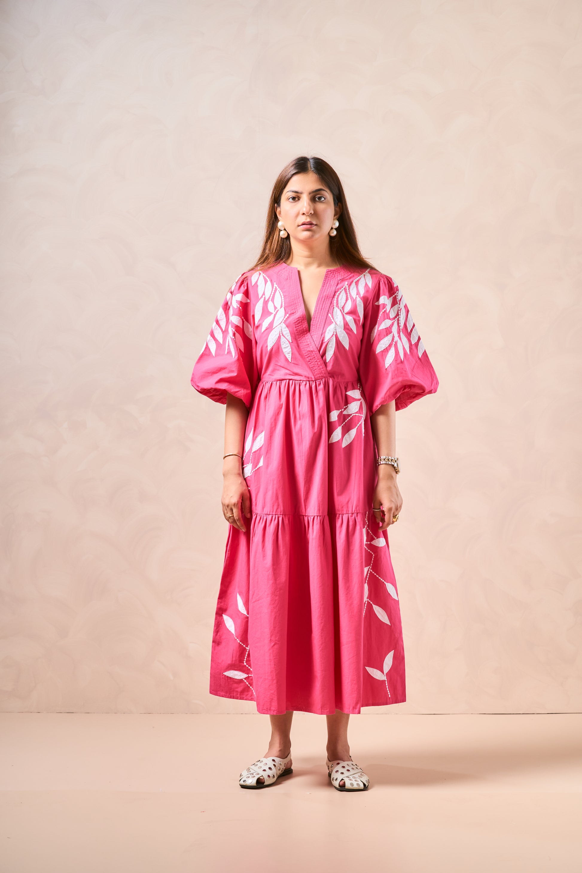 Early Pink Embroidered V-Neck Puff Sleeve Midi Dress – Elegant Tiered Cotton Blend Outfit