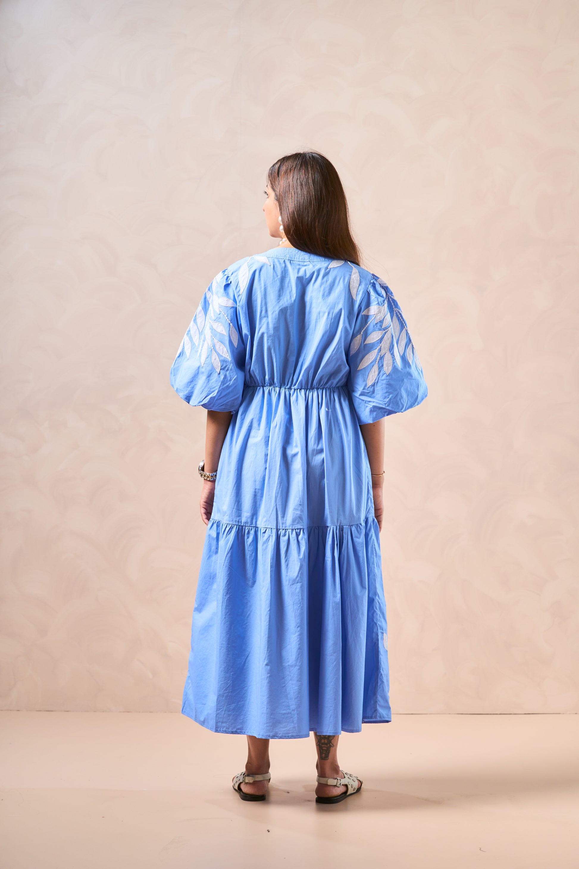 Early Blue Flowy Tiered Dress with Embroidered Puff Sleeves – Chic V-Neck Cotton Blend Style