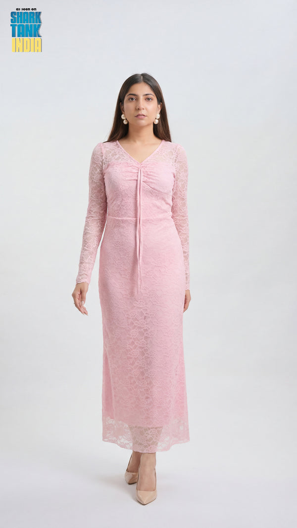 Woman wearing a pink dress on a white background